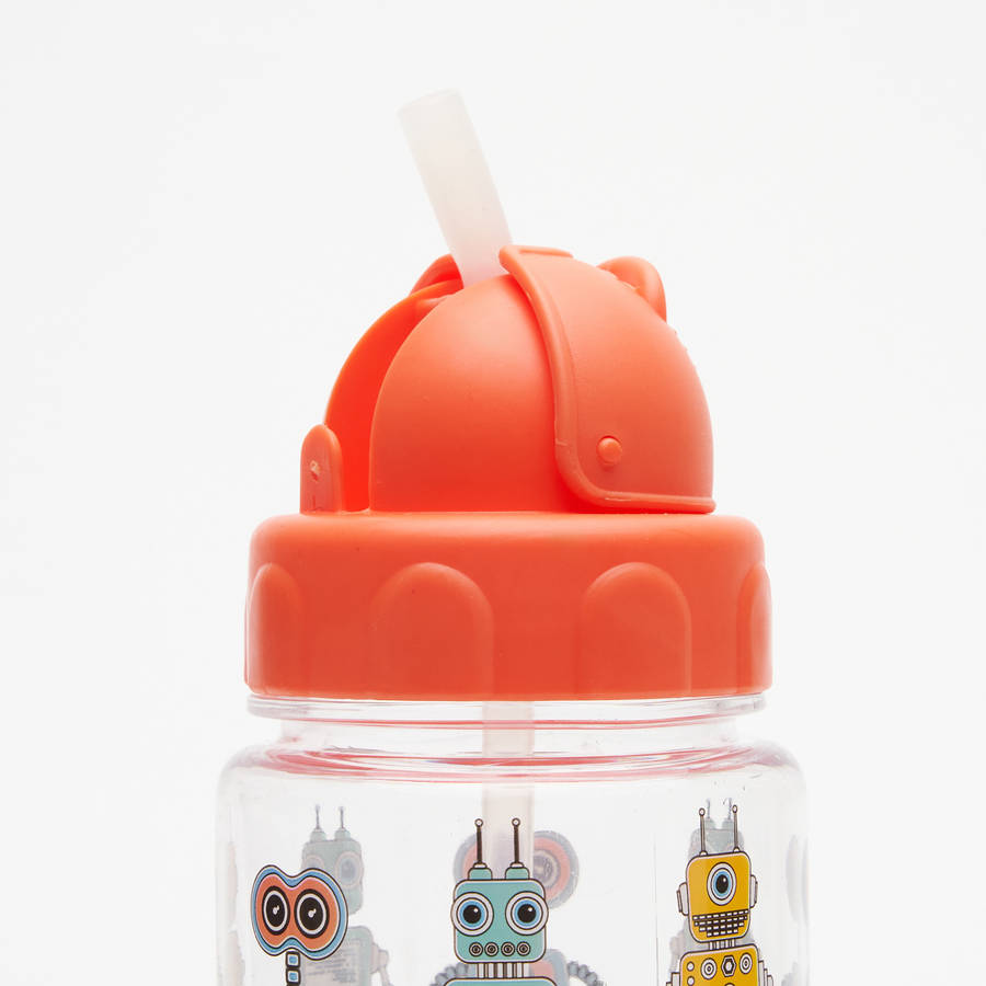 AquaKids 500ml Plastic Water Bottle with Straw - Red Robot