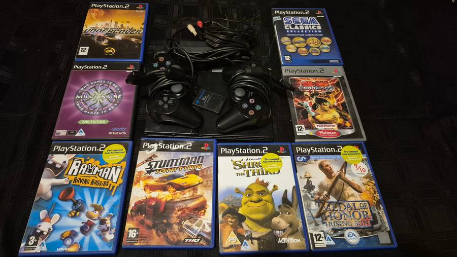 PS2 Bundle - Slim Console, 2 controllers, 15 Games, memory card, cables, Eye Toy, Dance Mat