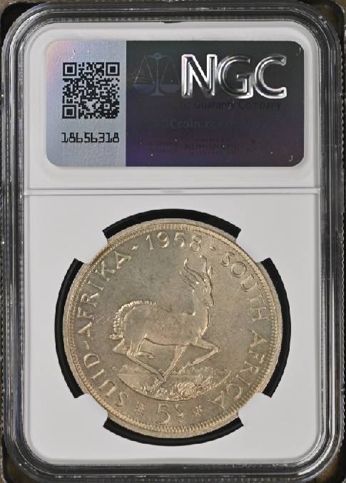 1958 SAU 5 shillings (crown) NGC PL64