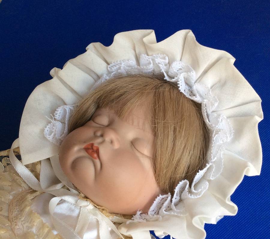 Sleeping Baby Porcelain Doll in Victorian style Dress and Bonnet