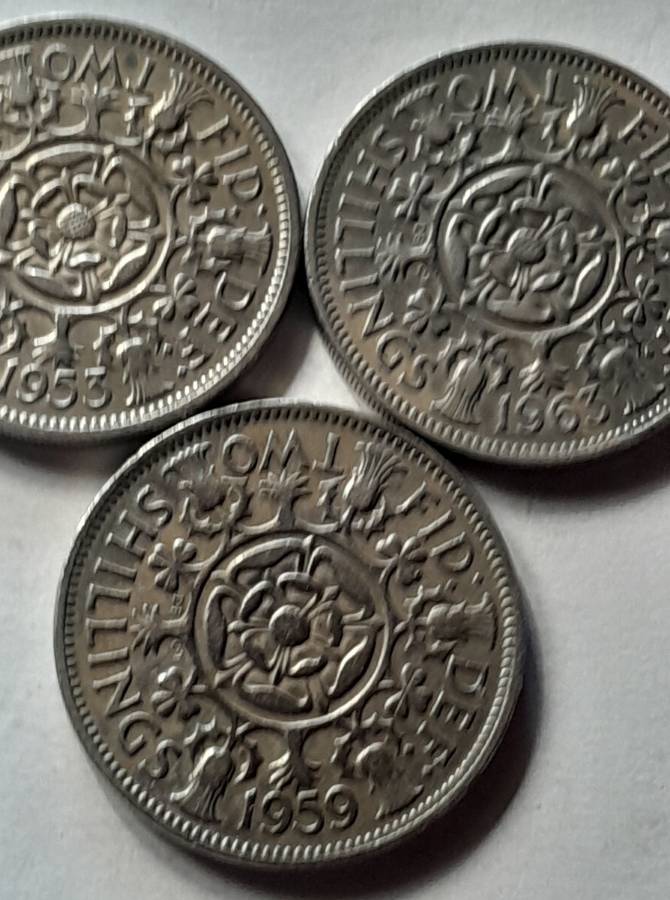 3 x British 2 Shilling Coins - 1953 1959 & 1963