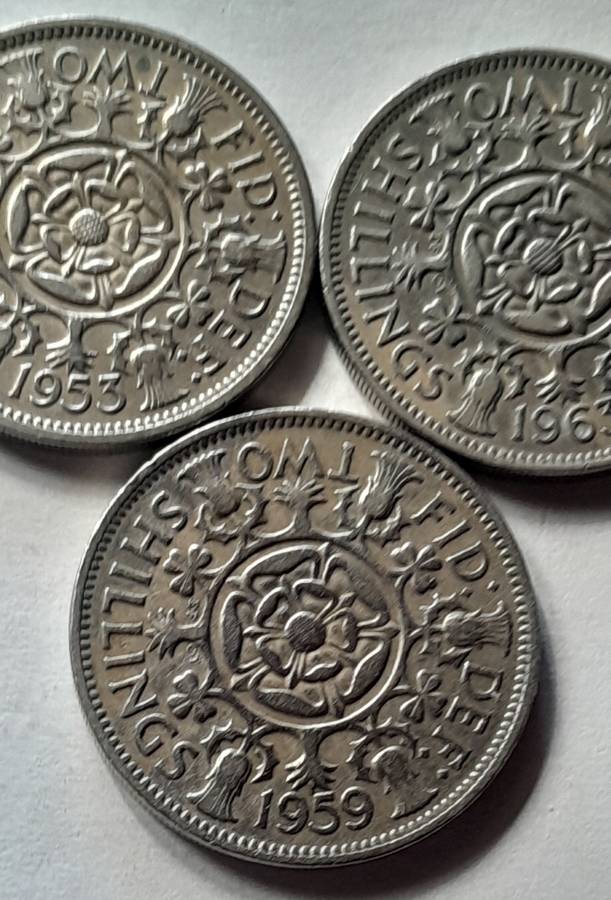 3 x British 2 Shilling Coins - 1953 1959 & 1963