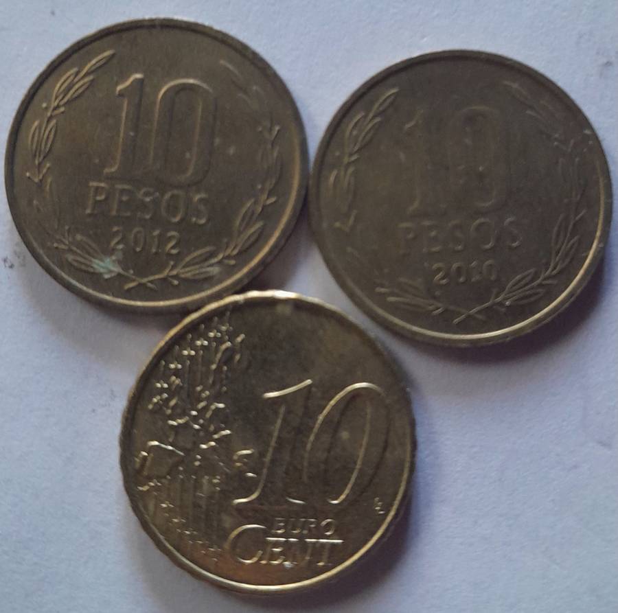 10 Euro Cent Coin and  2 x 10 Peso Coins - Chile 2010 and 1012