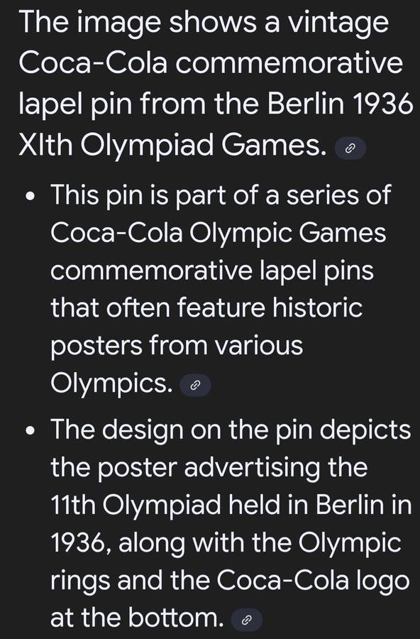 Coca-Cola Commemorative Lapel Pin - Berlin 1936 Olympiad Games c1990's