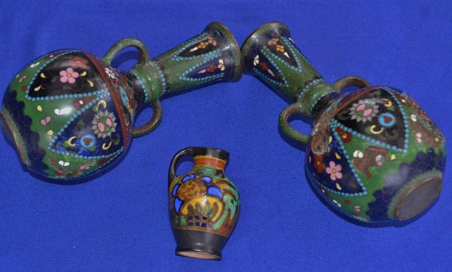 Antique Japanese Cloisonne Vases and small Gouda Jug