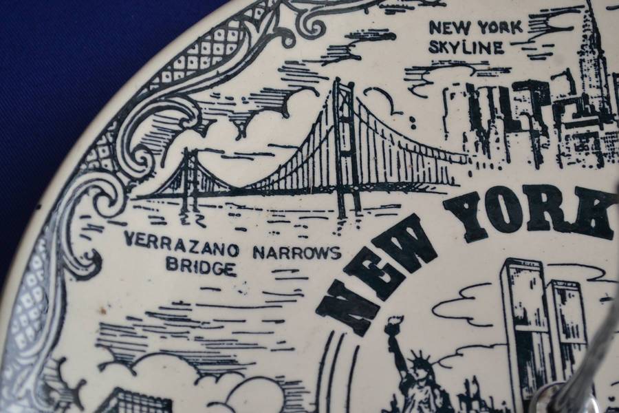 Single Tier Cake Stand - American Ironstone Collectors Plate  depicting  New York  City Landmarks