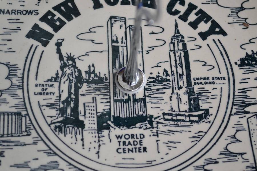 Single Tier Cake Stand - American Ironstone Collectors Plate  depicting  New York  City Landmarks