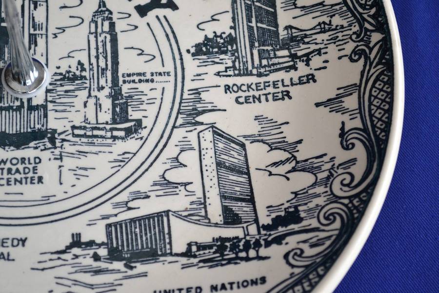 Single Tier Cake Stand - American Ironstone Collectors Plate  depicting  New York  City Landmarks