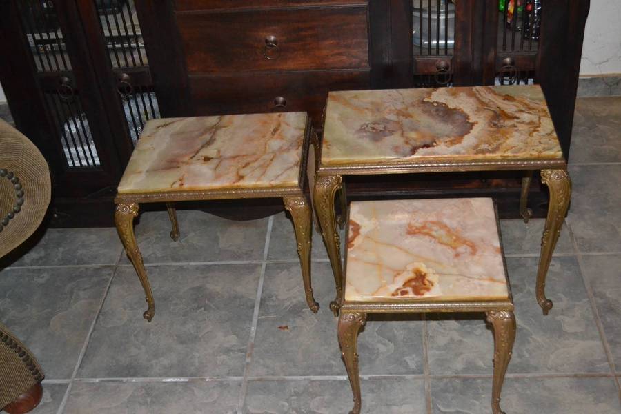 Set of Three Nesting Tables Onyx Marble Hollywood Regency
