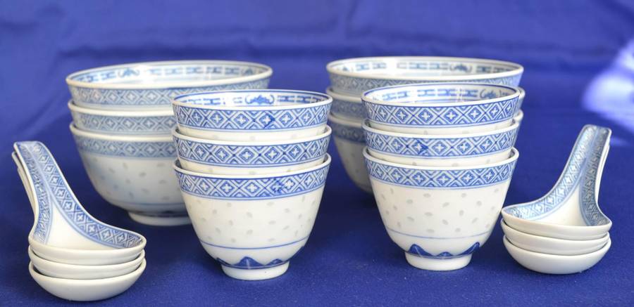 Jindgezhen  Porcelain Blue and White Rice Grain Pattern Set - 18 Pieces