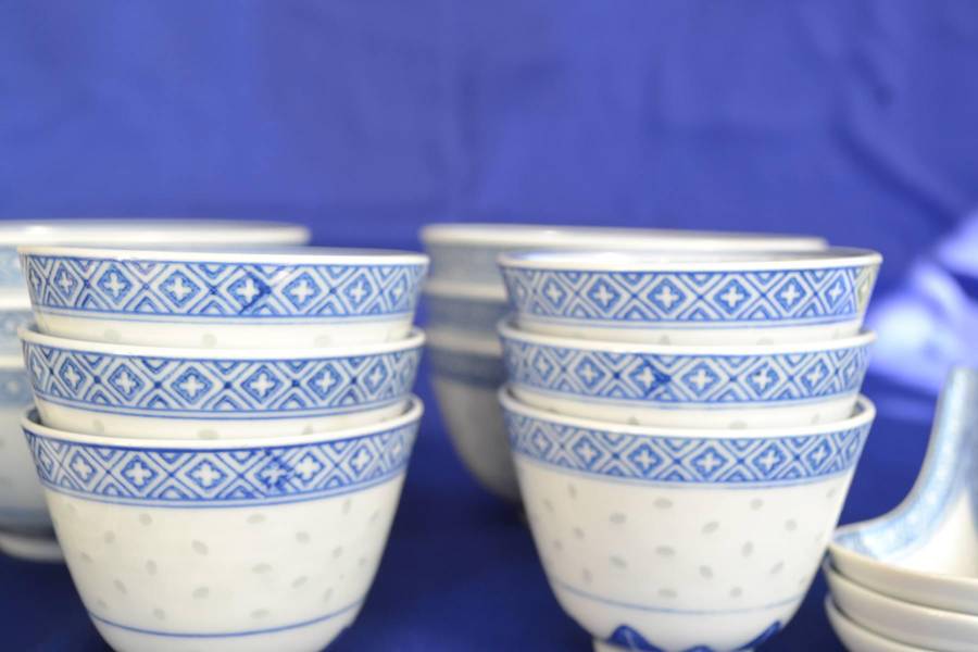 Jindgezhen  Porcelain Blue and White Rice Grain Pattern Set - 18 Pieces