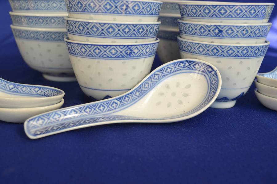 Jindgezhen  Porcelain Blue and White Rice Grain Pattern Set - 18 Pieces