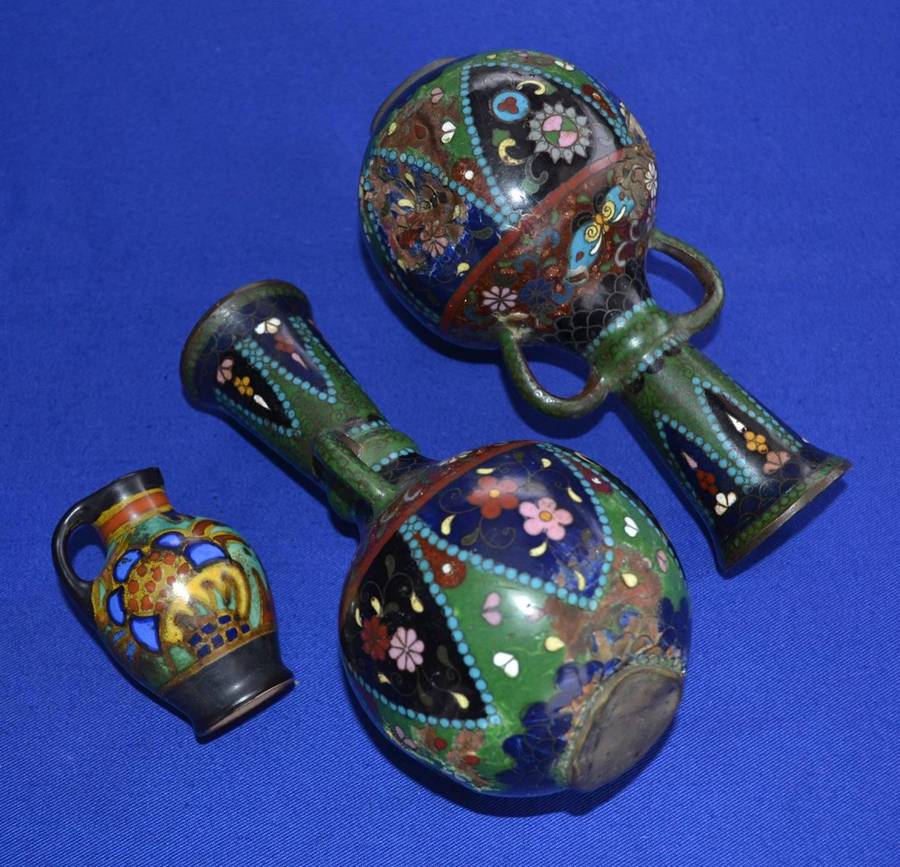 Antique Japanese Cloisonne Vases and small Gouda Jug