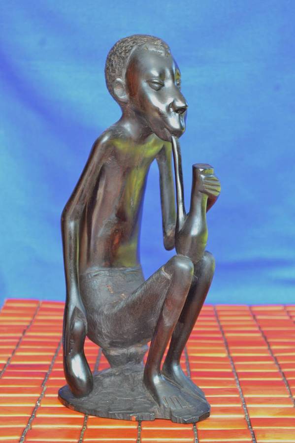 Vintage East African Carving, Man Smoking a Pipe