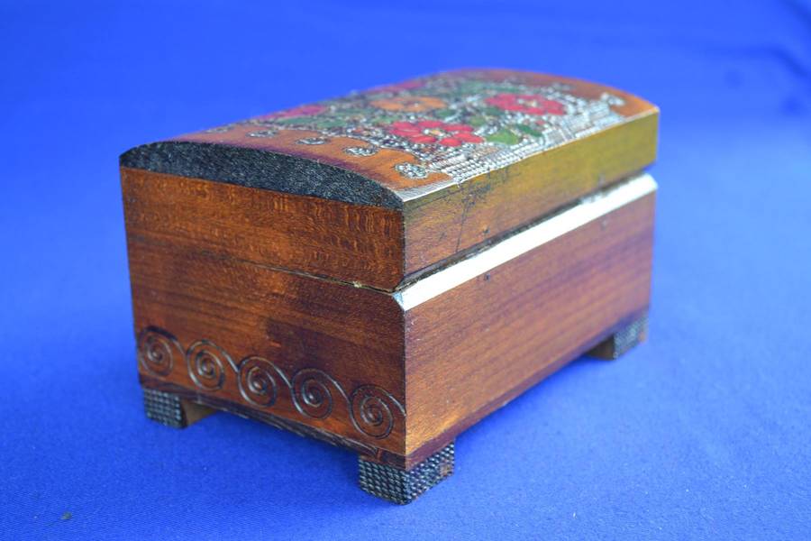 Vintage Polish Wood With Brass Inlay Folk Art Trinket / Jewelry Box