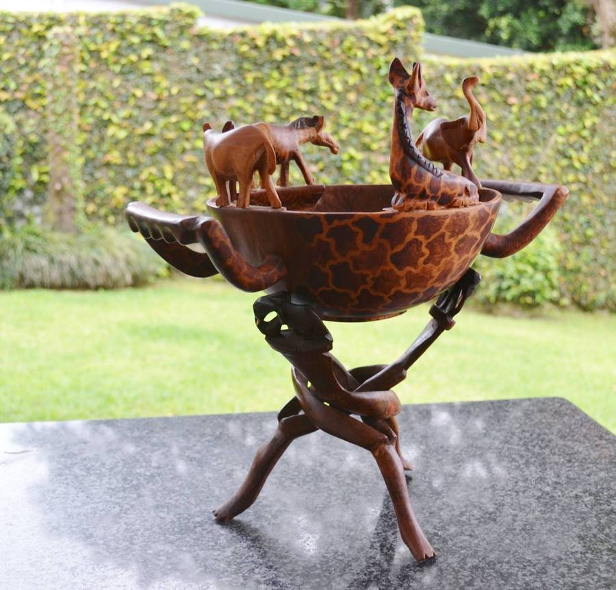 Vintage Wooden Animal Bowl on Tripod Stand
