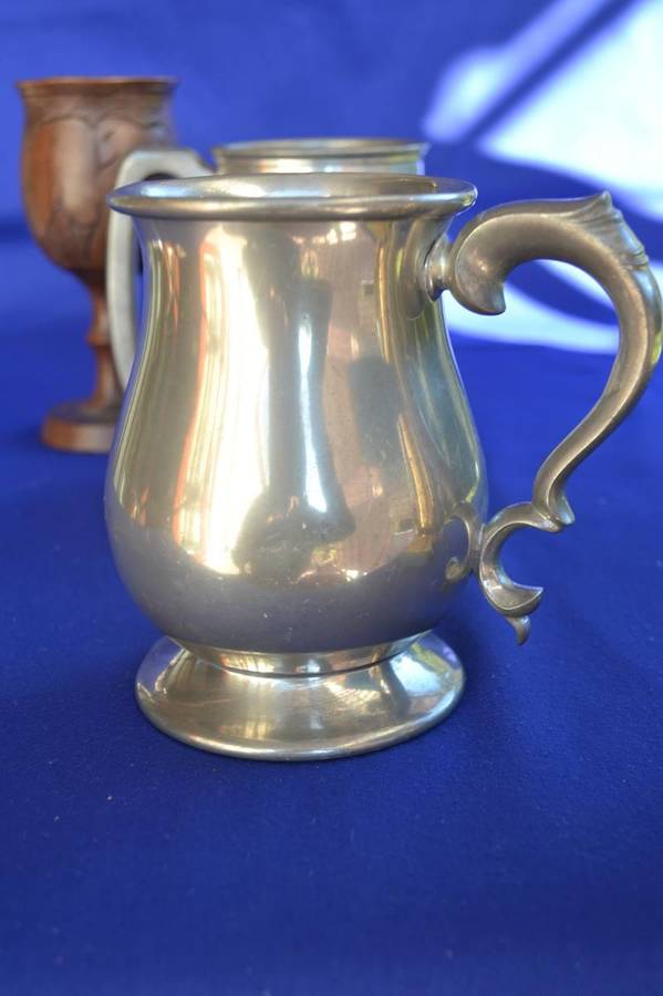 Vintage Tankards - Pewter Glass Bottom and Silver Plate Plus Wooden Goblet