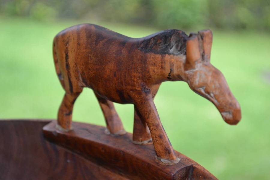 Vintage Wooden Animal Bowl on Tripod Stand