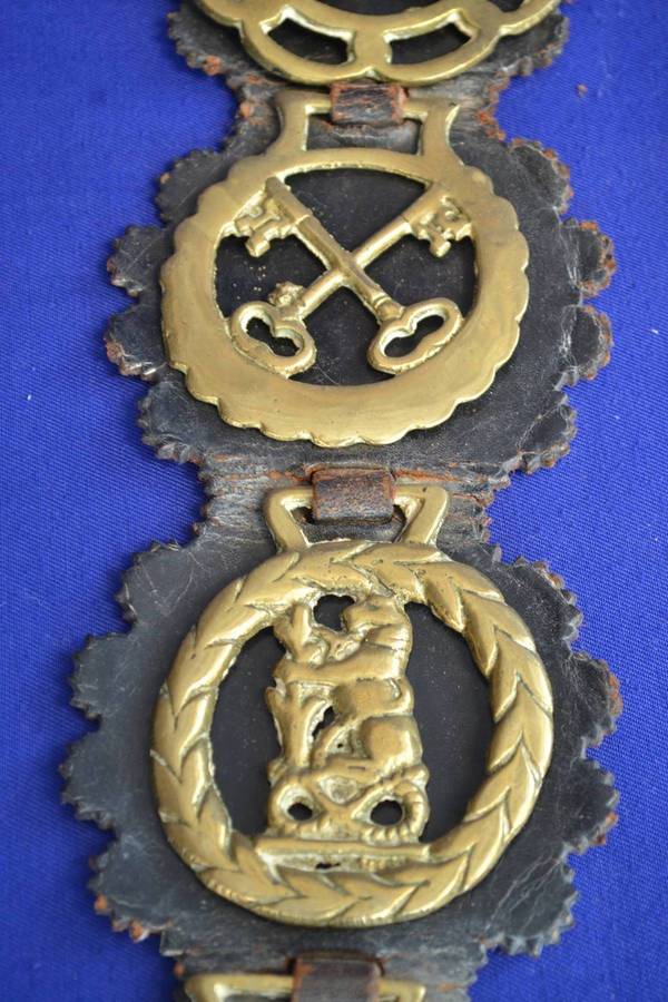 Six Vintage Horse Brasses on Crimp Cut Leather Strap