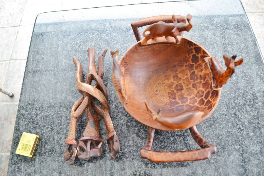 Vintage Wooden Animal Bowl on Tripod Stand