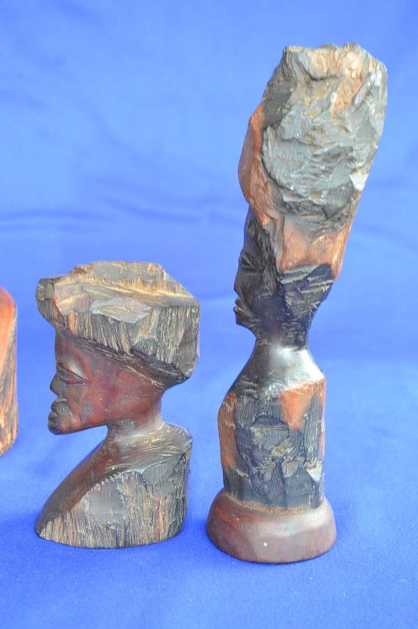 Vintage Hand Carved Wooden African Busts - 3 Pieces
