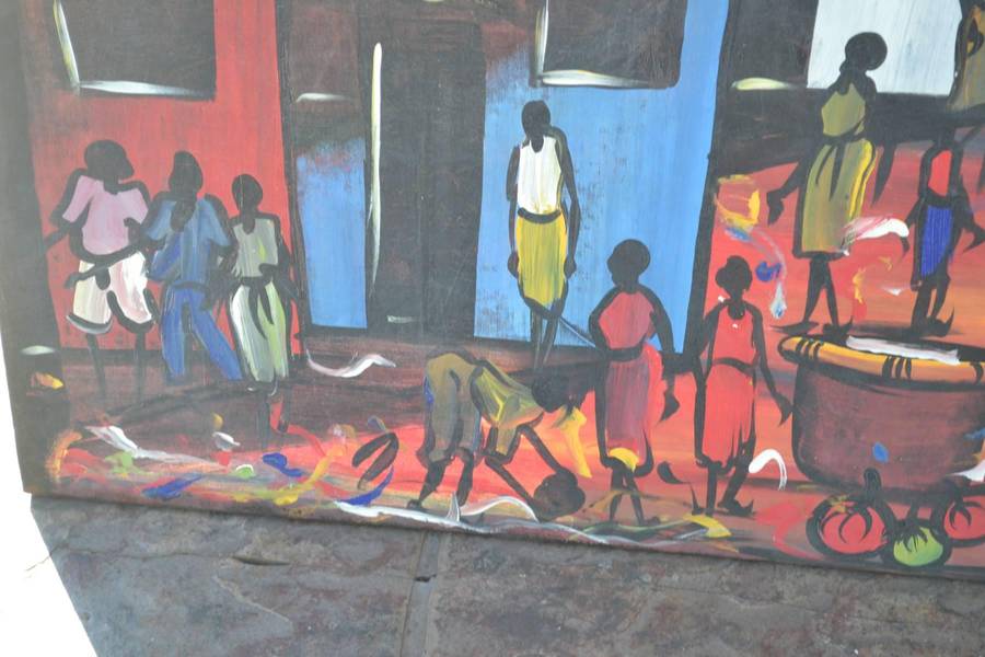 Large Original Painting on Canvas Township Art - Signed Isaac