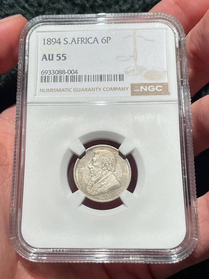 ZAR Paul Kruger 1894 sixpence silver coin - NGC graded AU55