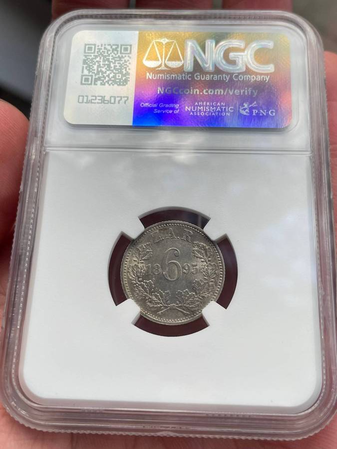 ZAR Paul Kruger 1895 sixpence silver coin - NGC graded AU58