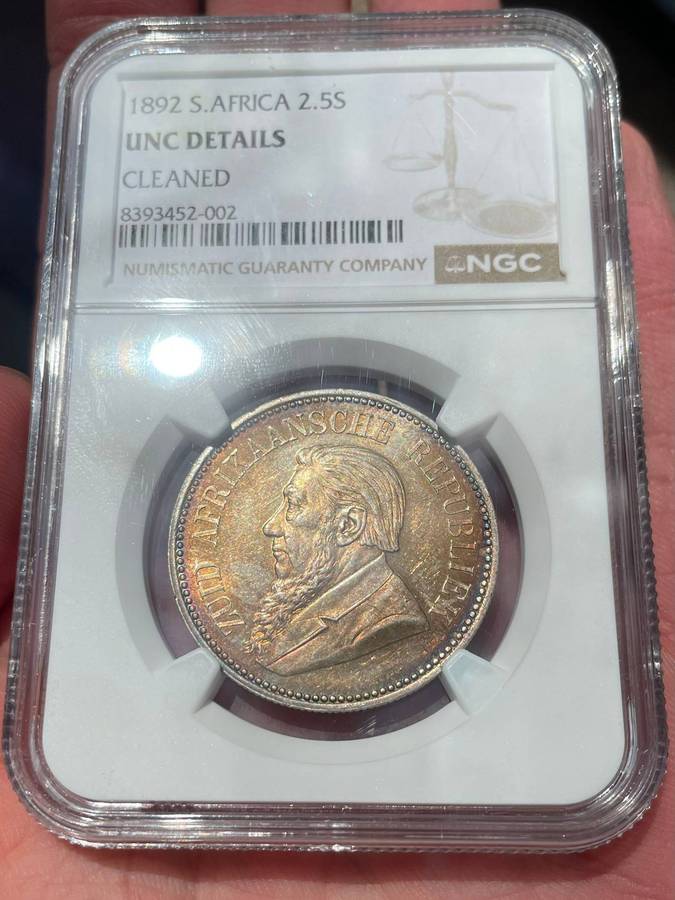 ZAR Paul Kruger 1892 Halfcrown silver coin - NGC graded MS details cleaned