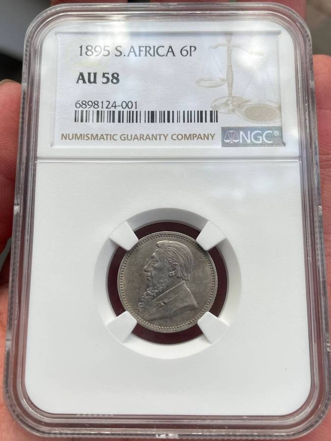 ZAR Paul Kruger 1895 sixpence silver coin - NGC graded AU58