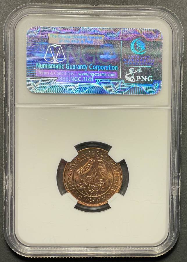 Beautiful 1952 S.A. Union 1/4 penny coin graded PF67RB by NGC - Only 2 coins graded higher at NGC
