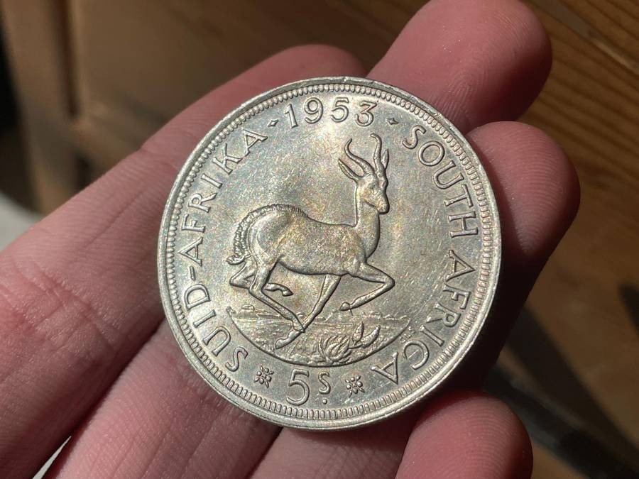 Solid Silver South African 5 shillings (crown) coin of 1953 - Very nice