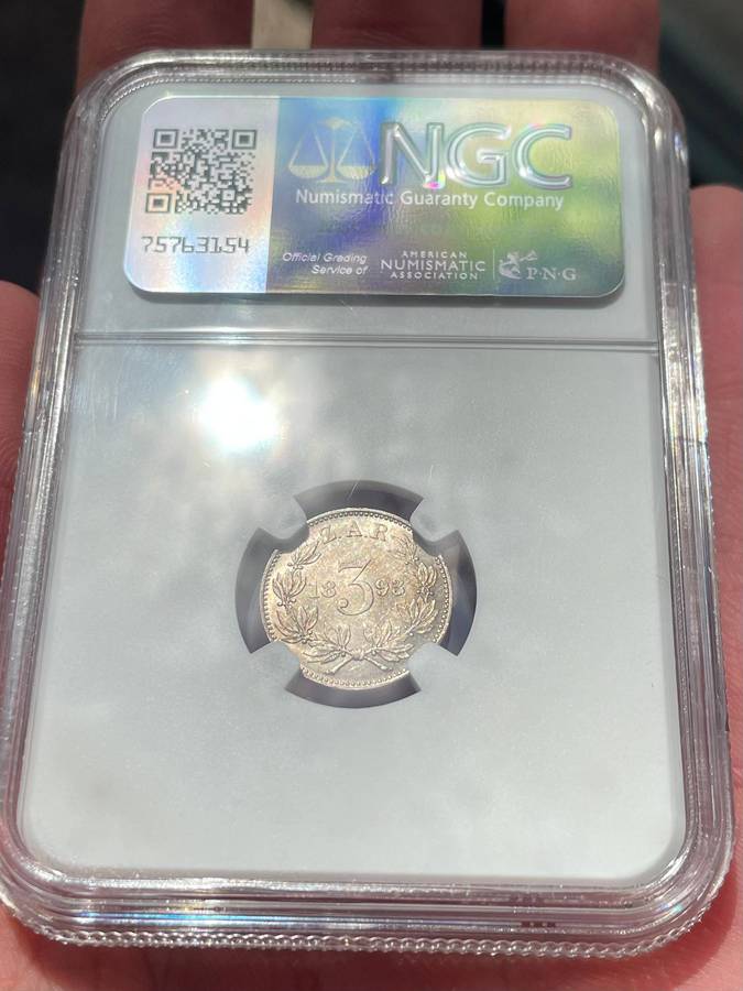 ZAR Paul Kruger 1893 tickey silver coin - NGC graded AU58