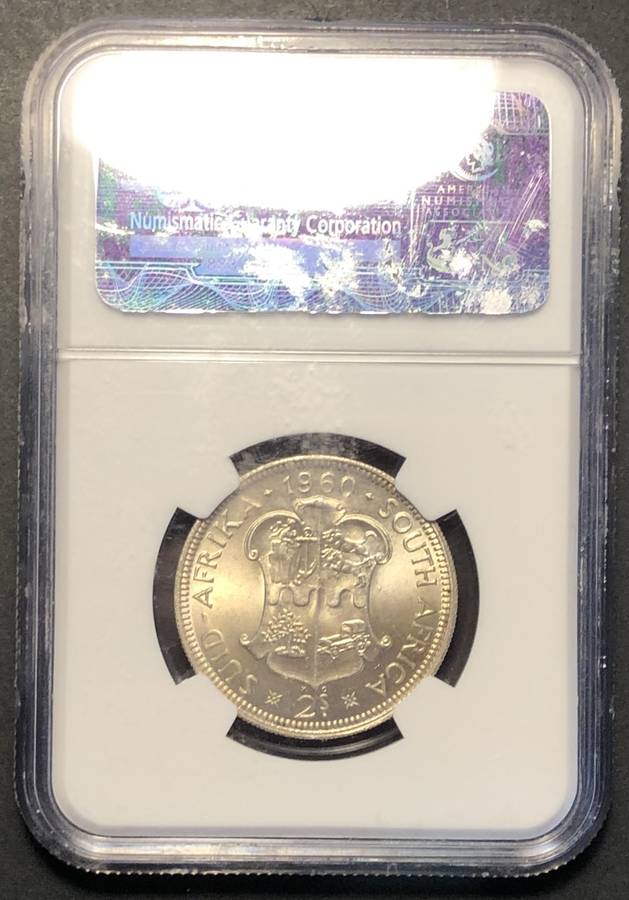 Very nice 1960 SA Union silver 2 shilling coin graded Mint State by NGC - Bakewell Collection