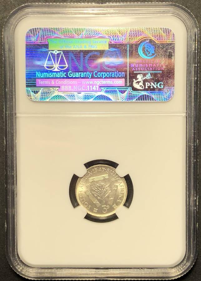Beautiful 1947 SA Union silver 3 pence coin Graded MS63 by NGC