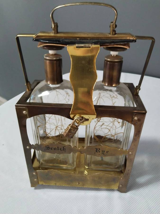Vintage Brass Tantulus with Two Decanters