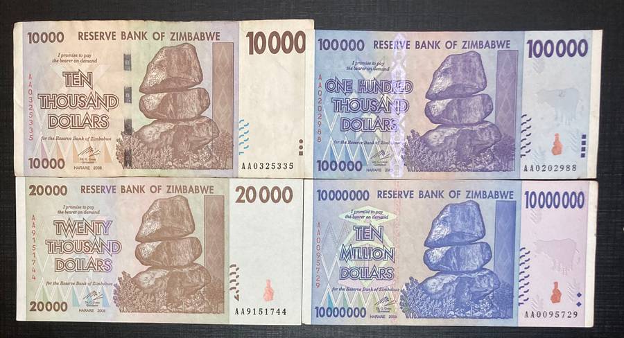 Zimbabwe $10,000 $20,000 $100,000 and $10,000,000 (scarce)