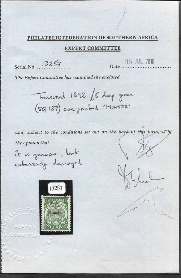 TRANSVAAL OVERPRINT "MONSTER" Genuine with Certificate(damaged)