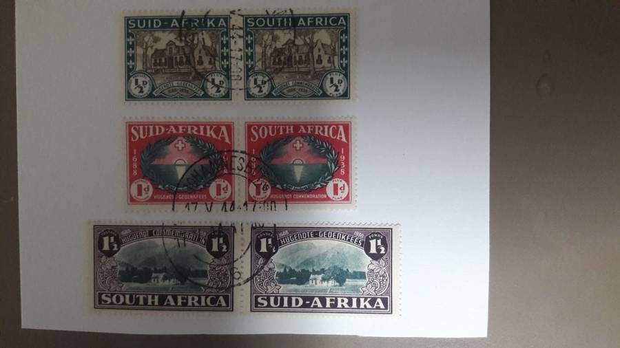 SOUTH AFRICA 1939 HUGUENOT 250TH ANNIVERSARY SET OF 3 PAIRS V.F.USED. SACC 81-83. CAT R275.