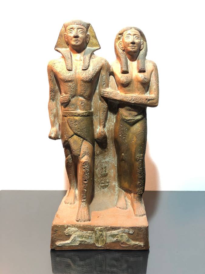 Large Souvenir Egyptian Terracota Statue Menkaure and His Queen