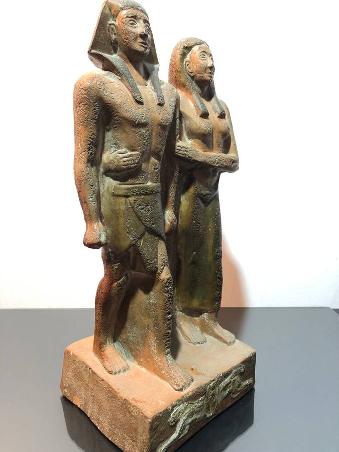 Large Souvenir Egyptian Terracota Statue Menkaure and His Queen