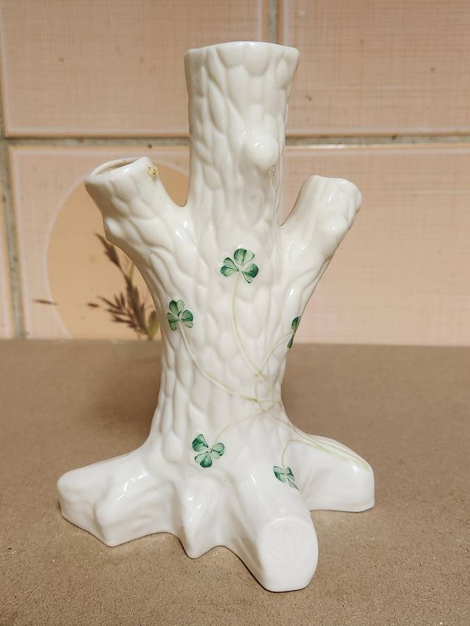 BELLEEK SHAMROCK TREE TRUNK PORCELAIN VASE, MADE IN IRELAND