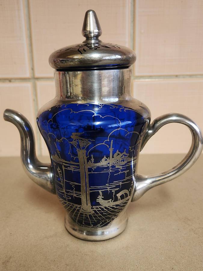ART DECO VENETIAN COBALT GLASS SILVER OVERLAY TEA POT