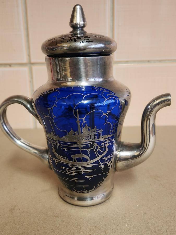 ART DECO VENETIAN COBALT GLASS SILVER OVERLAY TEA POT