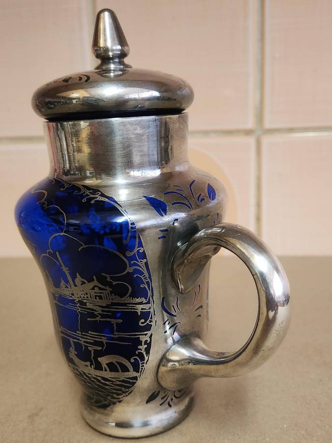 ART DECO VENETIAN COBALT GLASS SILVER OVERLAY TEA POT
