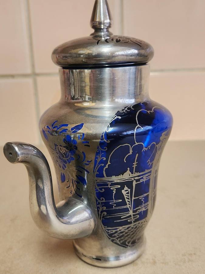 ART DECO VENETIAN COBALT GLASS SILVER OVERLAY TEA POT