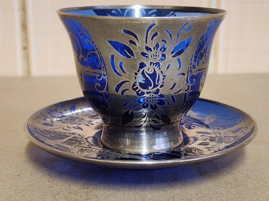 ART DECO VENETIAN COBALT GLASS SILVER OVERLAY DEMITASSE CUP AND SAUCER