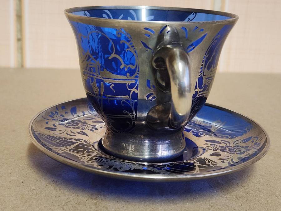 ART DECO VENETIAN COBALT GLASS SILVER OVERLAY DEMITASSE CUP AND SAUCER