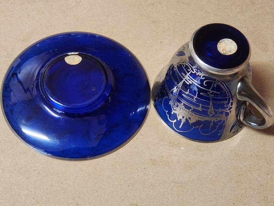 ART DECO VENETIAN COBALT GLASS SILVER OVERLAY DEMITASSE CUP AND SAUCER