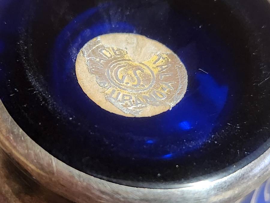 ART DECO VENETIAN COBALT GLASS SILVER OVERLAY DEMITASSE CUP AND SAUCER